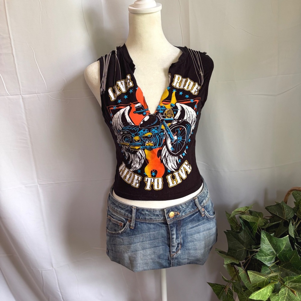Y2K Grunge Goth Biker Graphic Crop Top Black Chain Fringe Live To Ride Tank S